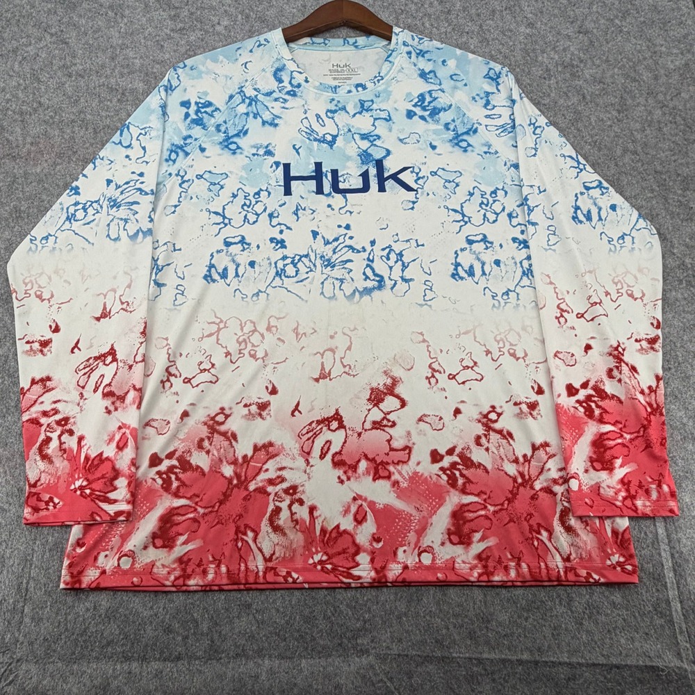 Huk Pursuit Fishing Shirt Mens XXL Long Sleeve Red White Blue Floral Camo Raglan